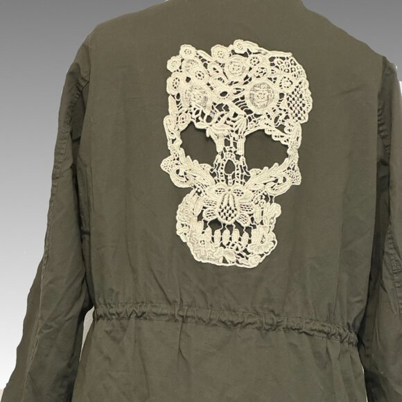 HOT TOPIC Skull Lace Military Jacket Green Gothic Punk Grunge Utility Coat. M - Picture 3 of 13